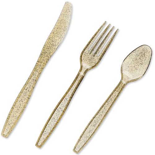 96 Pack Gold Glitter Plastic Silverware for Wedding Party Supplies, Cutlery Includes Forks, Spoons, and Knives (Serves 32) EasyOptionXY LLC