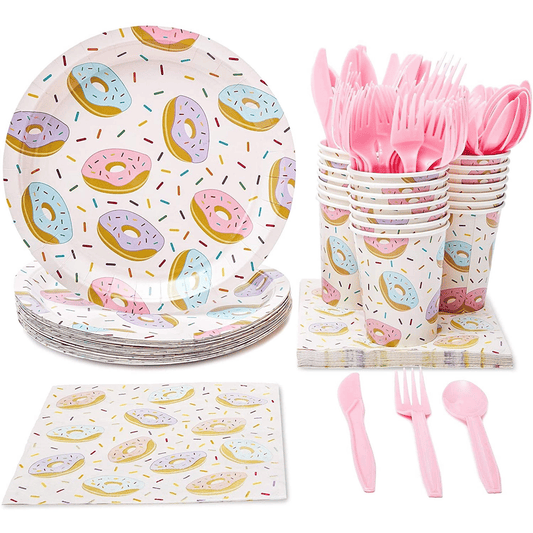 144 Piece Donut Grow Up Party Supplies - Serves 24 Sprinkle Paper Plates, Napkins, Cups and Cutlery for Two Sweet Birthday Decorations EasyOptionXY LLC