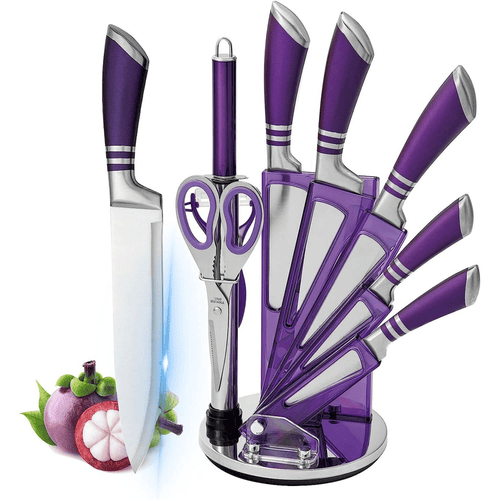 Kitchen Knife Set, 9-Pieces Purple Professional Chef Knife Set with Hollow Handle, Ultra Sharp Stainless Steel Knife Block Set with Accessories for Cutting Slicing Dicing Chopping EasyOptionXY LLC
