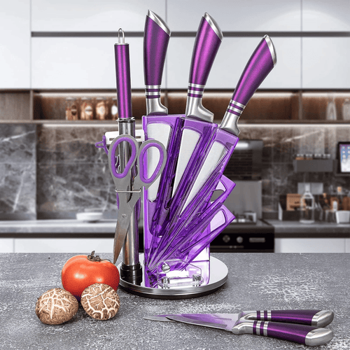 Kitchen Knife Set, 9-Pieces Purple Professional Chef Knife Set with Hollow Handle, Ultra Sharp Stainless Steel Knife Block Set with Accessories for Cutting Slicing Dicing Chopping EasyOptionXY LLC