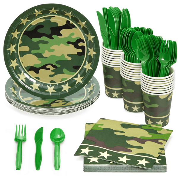 144-Piece Camo Party Decorations for Army-Themed Birthday, Baby Shower, Welcome Home Party, Serves 24, Includes Camouflage Paper Plates, Napkins, Cups, and Cutlery EasyOptionXY LLC