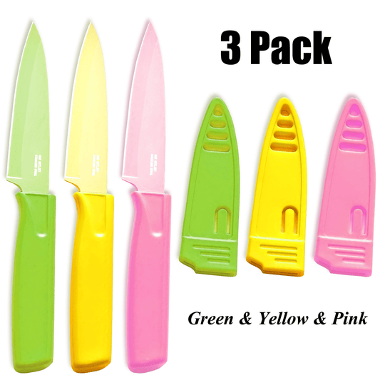 3 Pack Paring Knife with Safety Sheath, Fruit Knife with 4 inch Stainless Steel Blade, Nonstick Silicone Coated Knife for Kitchen, Fruits, and Vegetables (Green & Yellow & Pink) EasyOptionXY LLC