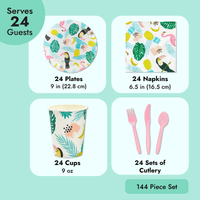 144-Piece Set of Tropical Paper Plates, Flamingo Napkins, Cups, Pink Cutlery for Hawaiian Luau Party Supplies, Summer Birthday Decorations, Disposable (Serves 24) EasyOptionXY LLC