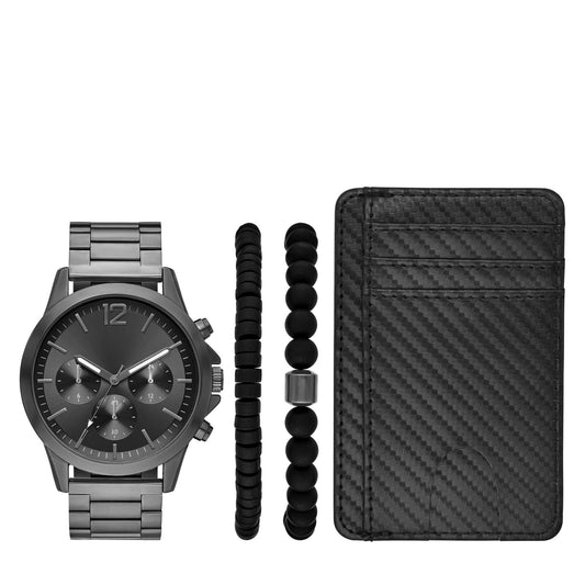 Folio Men's Watch Gift Set; Gunmetal Tone Bracelet Watch, Sunray Dial with Black Textured Card Case and 2 Beaded Bracelets (FMDAL1209) EasyOptionXY LLC