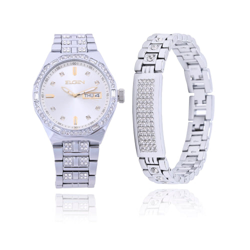 Elgin Adult Male Watch with Matching Bracelet Set in Silver with Gold Markers (FG180016SST) EasyOptionXY LLC