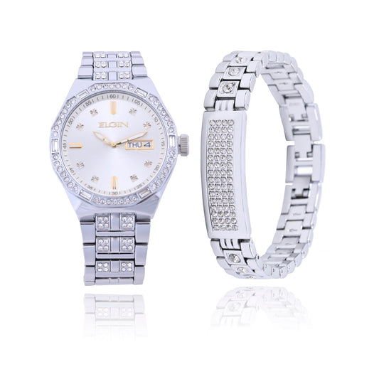 Elgin Adult Male Watch with Matching Bracelet Set in Silver with Gold Markers (FG180016SST) EasyOptionXY LLC
