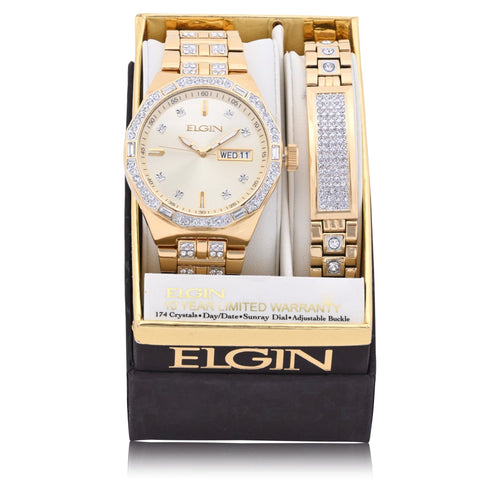 Elgin Adult Male Watch and Bracelet Set in Gold and Stones in (FG180016ST) EasyOptionXY LLC