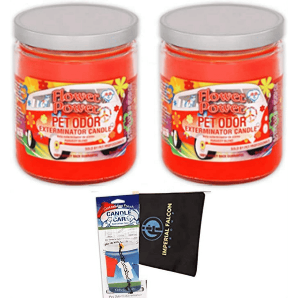 2 Pack of Pet Odor Exterminator Candles with Bonus Imperial Falcon Drawstring Bag containing a Surprise Scent Car Air Freshener (Flower Power) EasyOptionXY LLC