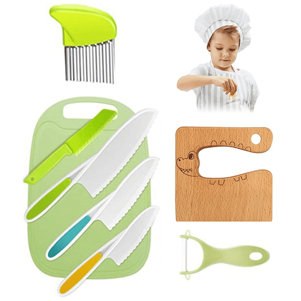 8 PCS Wooden Kids Safe Knives for Real Cooking Include Wood Kids Kitchen Knife Plastic Cutting Board Peeler Potato Slicers Cooking Knives Serrated Edges Toddler Knife for Kitchen EasyOptionXY LLC