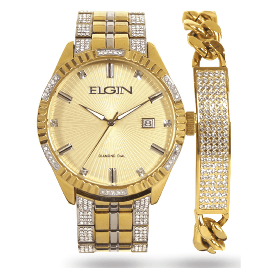 Elgin Adult Male Analog Watch and Bracelet Set in Gold with Crystals (FG18005GST) EasyOptionXY LLC