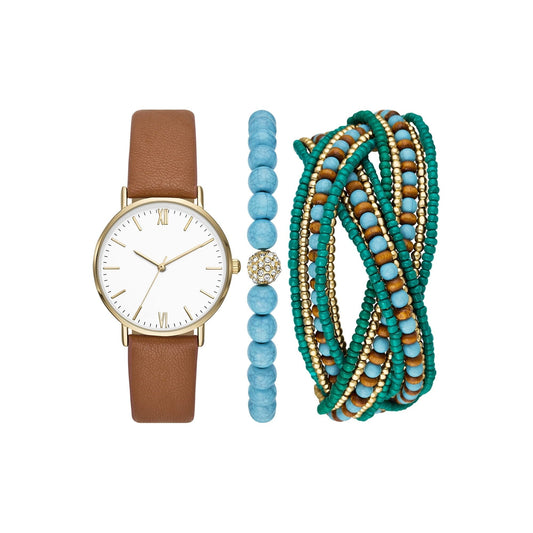 Folio Women's Gift Set; Gold Watch, Brown Vegan Leather Strap and Stackable Beaded Bracelets (FMDAL1168) EasyOptionXY LLC