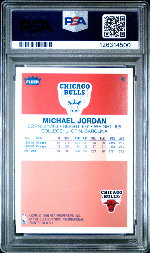 Graded 1996 Fleer Michael Jordan #4 Decade of Excellence Rookie Reprint Basketball Card PSA 9 Mint