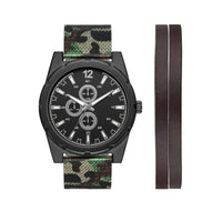 George Men's Watch Set: Gunmetal Tone Case, Black Dial, Camo Mesh Band, Brown Vegan Leather Double Strap (FMDXGE040) EasyOptionXY LLC