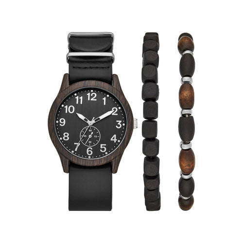 George Men's Gunmetal Analog Watch: Easy-Read Dial, Black Vegan Leather, Bonus Stretchy Bead Bracelets (FMDXGE013) EasyOptionXY LLC