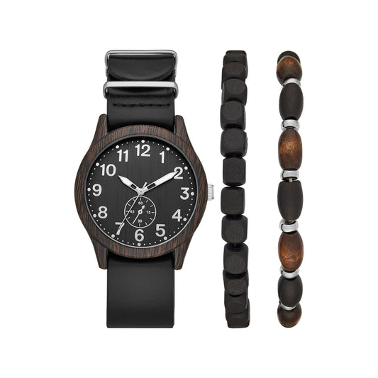 George Men's Gunmetal Analog Watch: Easy-Read Dial, Black Vegan Leather, Bonus Stretchy Bead Bracelets (FMDXGE013) EasyOptionXY LLC