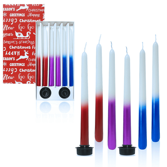 FCMSHAMD 9.6 inch 6pcs Dripless Taper Candles Smokeless Christmas Candles Luxury Candle Gift Set for Holiday Red+Purple+Blue Unscented EasyOptionXY LLC