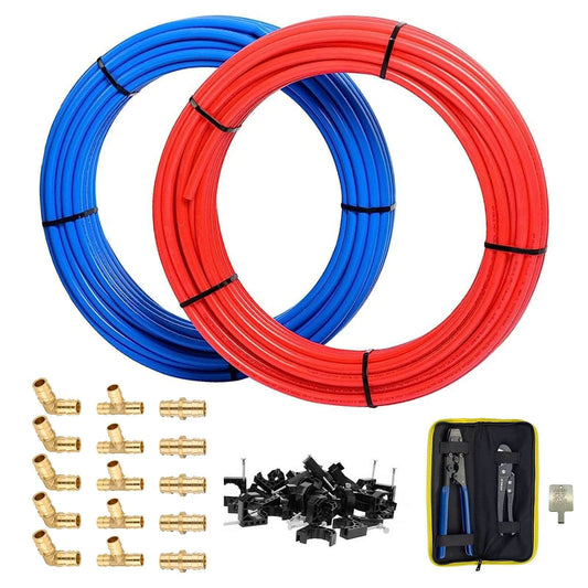 1/2" 2 x100ft, 200ft PEX-B Tubing (Blue & Red), Brass PEX Fittings, Crimping Tool, Cinch Clamps, Cutter, J Clamps (All in One Bundle) Plumbingsell