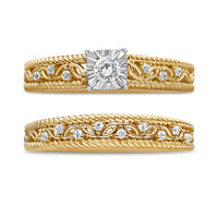 14K Yellow Gold Plated .925 Sterling Silver 1/5 Cttw Diamond Art Deco Style Engagement Ring Bridal Set (I-J Color, I3 Clarity) - Ring Size 7