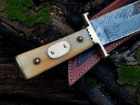 Damascus Steel Cowboy Bowie Knife – 13" with Brass Guard and Camel Bone Handle, Leather Sheath Included