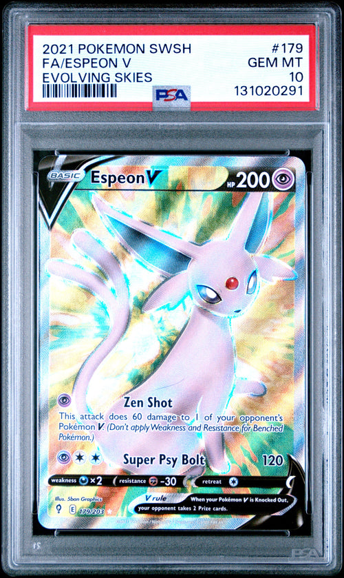Graded 2021 PKM SWSH English Espeon #179 V FA Evolving Skies Trading Card Game PSA 10 Gem Mint