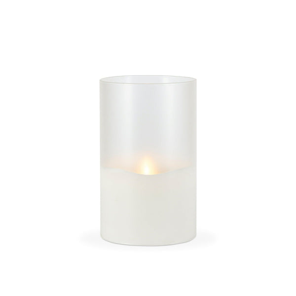 LED 5"D X 8"H Hand-Poured Wax Candle In Frosted Glass. Next Gen LED Flame Patented Technology w/ Adjustable Brightness Control. 2 C Batteries (Not Included). Multi Timer Function, 4, 6 & 8 hour. EasyOptionXY LLC