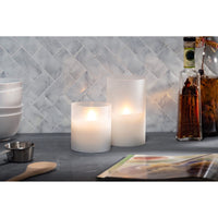 LED 5"D X 8"H Hand-Poured Wax Candle In Frosted Glass. Next Gen LED Flame Patented Technology w/ Adjustable Brightness Control. 2 C Batteries (Not Included). Multi Timer Function, 4, 6 & 8 hour. EasyOptionXY LLC