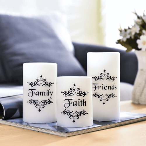 EcoGecko Set of 3 4", 5", 6" Real Wax Flameless LED Candles with Faith Family Friends Decal Battery Operated Inspirational Home Decor with 5 Hour Timer, Super Long Battery Life EasyOptionXY LLC