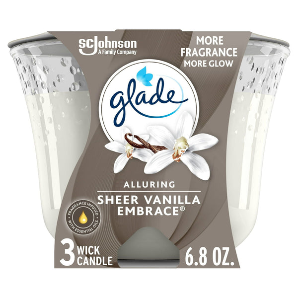 Glade Candle Alluring Sheer Vanilla Embrace Scent, 3-Wick, 6.8 oz (193 g), 1 Count, Fragrance Infused with Essential Oils, Notes of Vanilla Blossom, White Orchid, Sandalwood Scented Candles EasyOptionXY LLC