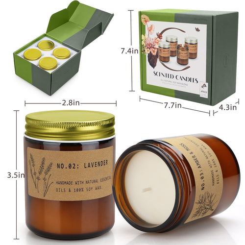 4 Pack Candles Gifts for Home Scented, Long Lasting Jar Soy Scented Candle Gifts, Soy Wax Aromatherapy Candles - Lavender, Amber & Moss, Sandalwood Rose, 28.4oz EasyOptionXY LLC