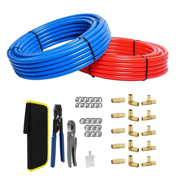3/4" 2 x100ft, 200ft PEX-B Tubing (Blue & Red), PEX Fittings (15 PCS) Crimper & Clamps & Cutter Combo Kit Plumbingsell