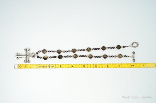 Designer Large Cross Smoky Topaz Pearl Sterling Silver Necklace