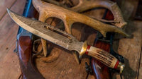 Damascus Steel Vintage Bowie Knife – 13" with Brass Guard & Stag Horn Handle, Comes with Leather Sheath