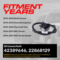 Buick Encore (13-22), Chevrolet Trax (13-22), Chevrolet Equinox (14-15), GMC Terrain/Terrain Denali (14-17) OEM Replacement Backup Camera OE Part # 22868129, 42389646
