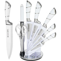 Kitchen Knife Set, 9-Piece White Sharp Non-Stick Coated Chef Knives Block Set,Stainless Steel Knife Set for Kitchen with Sharpener for Cutting Slicing Dicing Chopping EasyOptionXY LLC