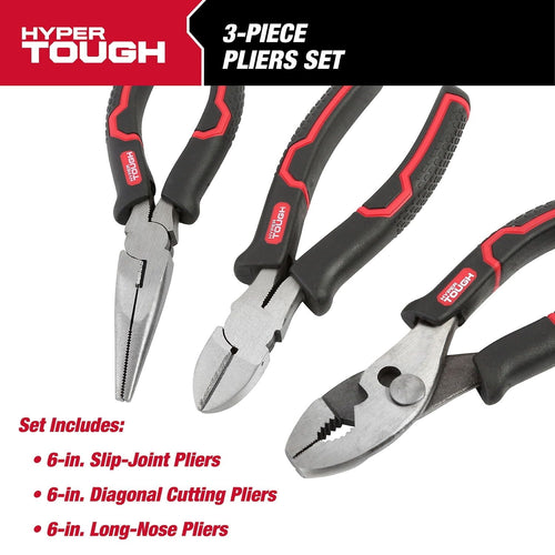 Hyper Tough 3-Piece Pliers Set with Ergonomic Soft Grip Handles, Diagonal Cutting Pliers, Slip Joint Pliers and Long Nose Plier set EasyOptionXY LLC