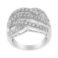 .925 Sterling Silver 1.0 Cttw Channel Set Alternating Round and Baguette Diamond Cross-over Bypass Ring Band (I-J Color, I2-I3 Clarity) - Size 7