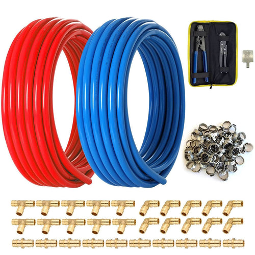 3/4" 2 x100ft, 200ft PEX-B Tubing (Blue & Red), 3/4" Barb Crimp Brass Fittings (30 PCS), Crimper Tool, Cinch Clamps (100 PCS), Pipe Cutter Plumbingsell