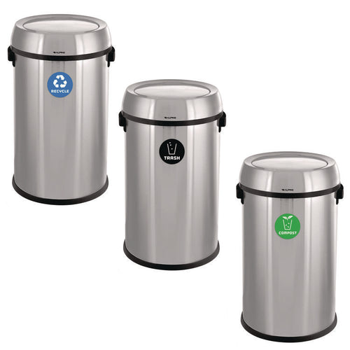 Alpine Industries 17 Gallon Stainless Steel Indoor Recycling, Trash and Compost Bins with Swivel Lid