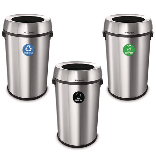 Alpine Industries 17 Gallon Stainless Steel Open Top Recycling, Trash and Compost Station
