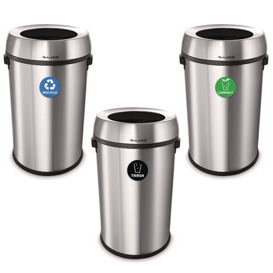 Alpine Industries 17 Gallon Stainless Steel Open Top Recycling, Trash and Compost Station
