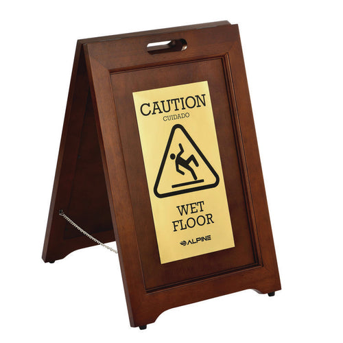 Alpine Industries 2-Sided Plated Wooden A-Frame Bilingual Wet Floor Sign