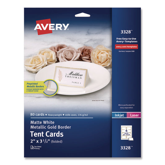 Avery® Matte White Metallic Gold Border Tent Cards