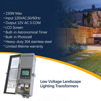 150W Stainless Steel Outdoor Transformer for Lights with Timer and Photocell