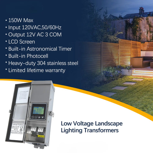 150W Stainless Steel Outdoor Transformer for Lights with Timer and Photocell