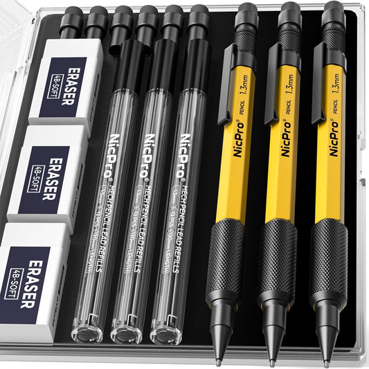 Nicpro 3Pcs 1.3 mm Mechanical Pencils Set with 36 Lead Refill, 3 Eraser, Weatherproof Metal Barrel, Heavy Duty Carpenter Pencil for Outdoor Marking Drafting Drawing Sketching Woodworking - with Case EasyOptionXY LLC