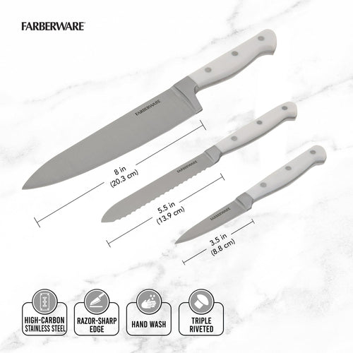 Farberware Professional 3-Piece Forged Triple Rivet Chef Knife Set Razor Sharp Kitchen Knives White EasyOptionXY LLC