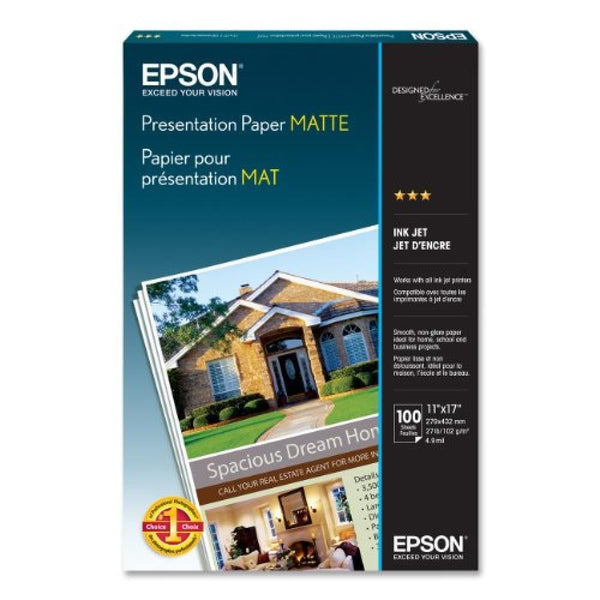 Epson Matte Presentation Paper 4.9 Mil, 11" x 17", 27 Lb (102 GSM), Bright White, 100 Sheets EasyOptionXY LLC