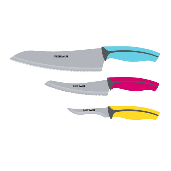 Farberware Precise Slice 3-piece Soft Grip Chef Knife Set, 8-inch Serrated Chef, 5.5-inch Serrated Utility, and 3.5-inch Trimming Parer, Assorted Colors EasyOptionXY LLC