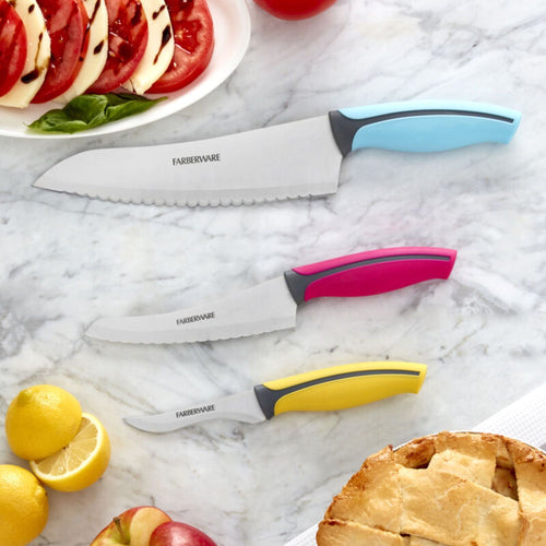 Farberware Precise Slice 3 Stainless Steel Piece Chef Knife Set Aqua, Pink, and Yellow EasyOptionXY LLC