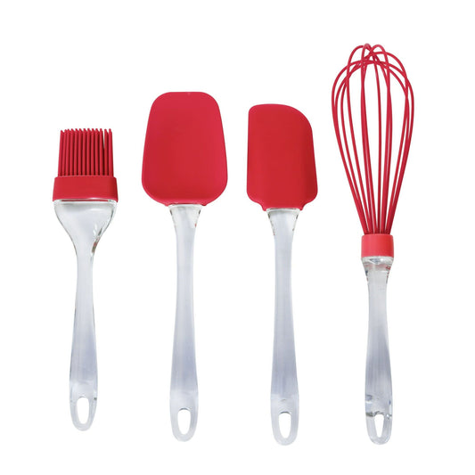 Farberware 4-Piece Whisk, Spatula, Spoon Spatula and Basting Brush Silicone Set in Red EasyOptionXY LLC